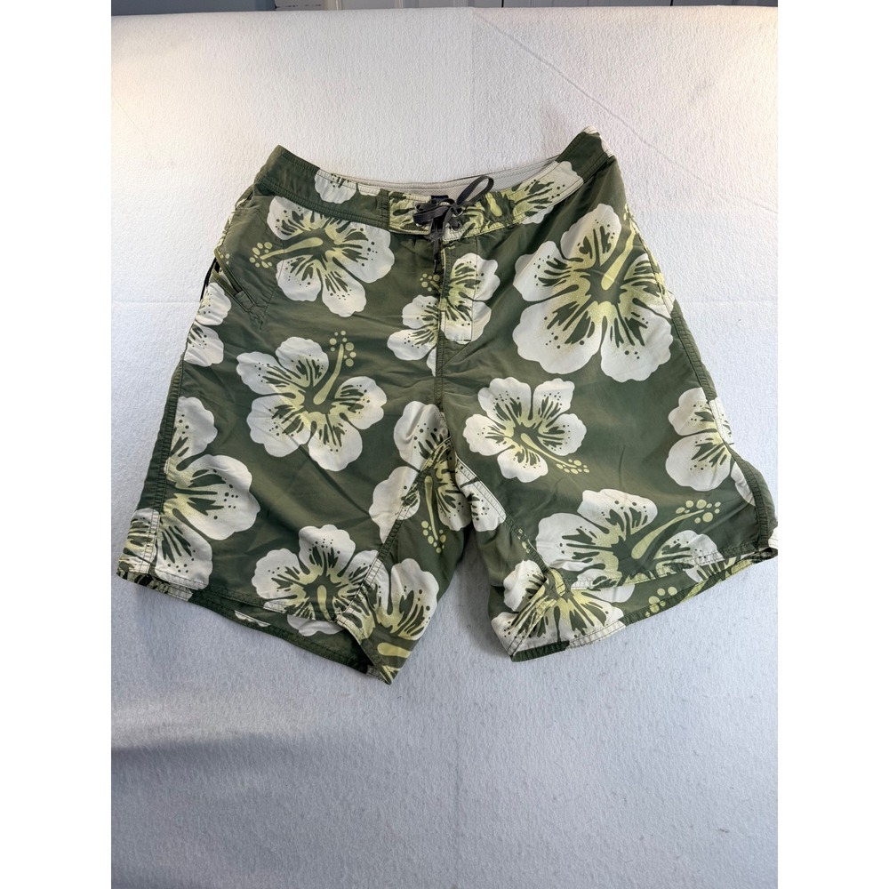 Patagonia Mens 36 Board Shorts Olive Green White Hibiscus Floral Swim Trunks